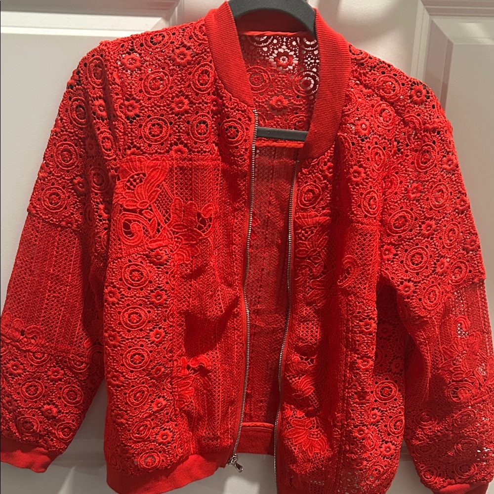 Chico's Vibrant Red Lace Bomber Jacket
